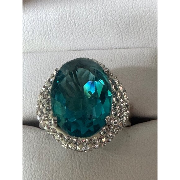 Sterling Jewelry - Sterling Silver .925 Ring With Faux Teal Blue Clear Crystals 10.88g